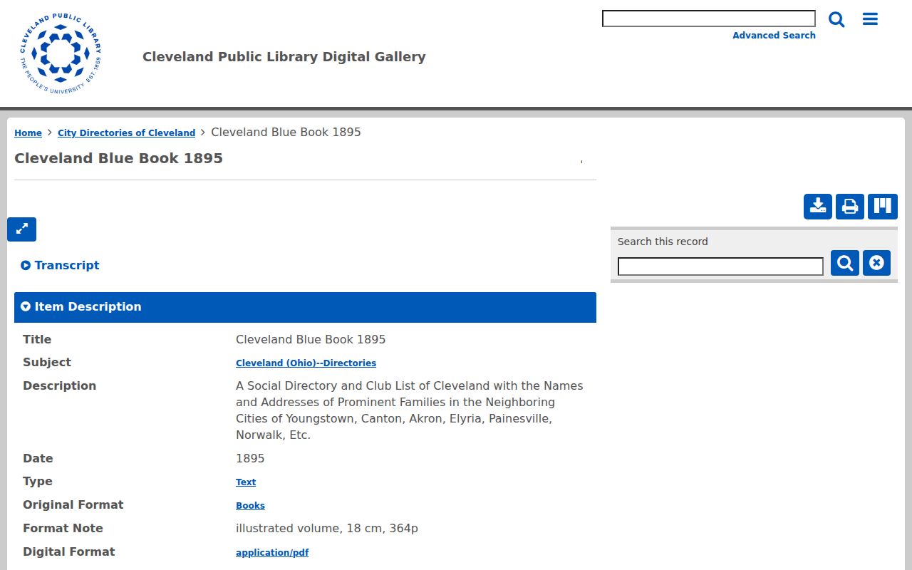 Cuyahoga County city directory 1895 Cleveland Blue Book collection item