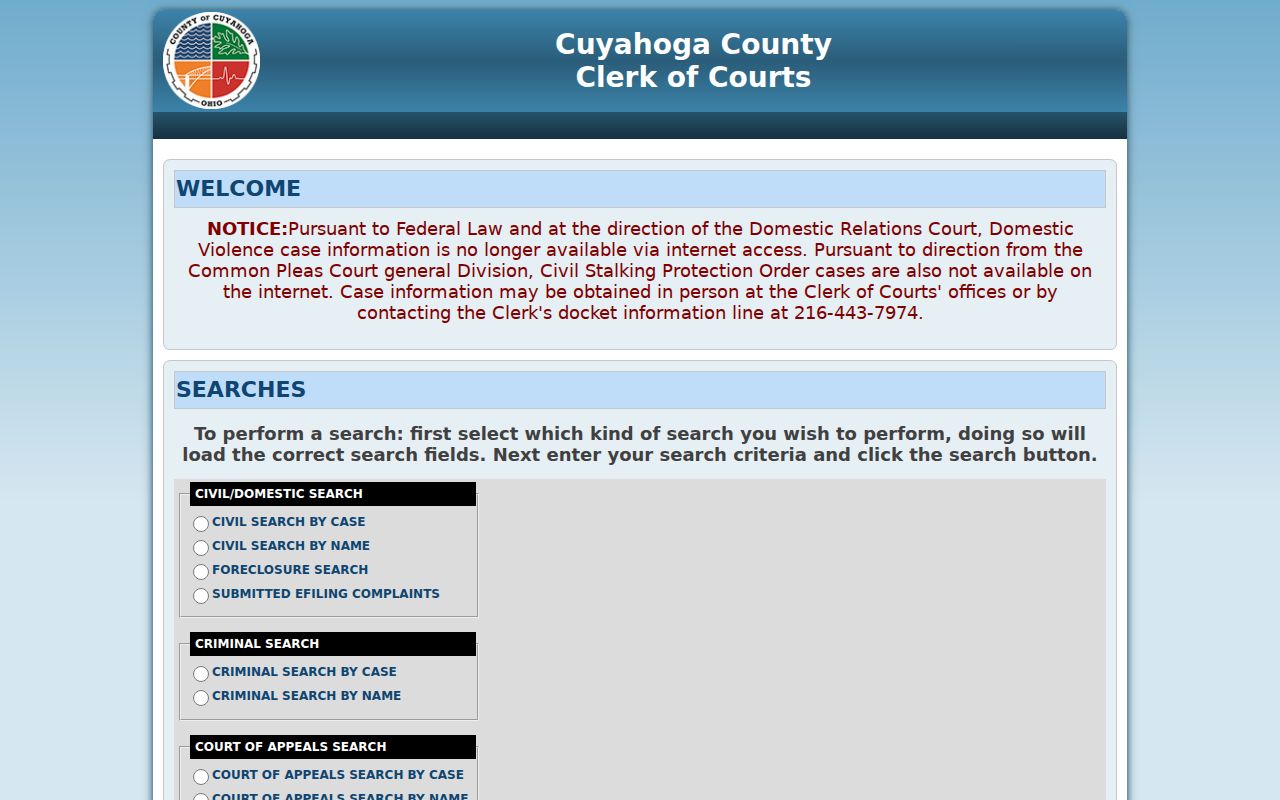 Cuyahoga residents directory Common Pleas case search screen