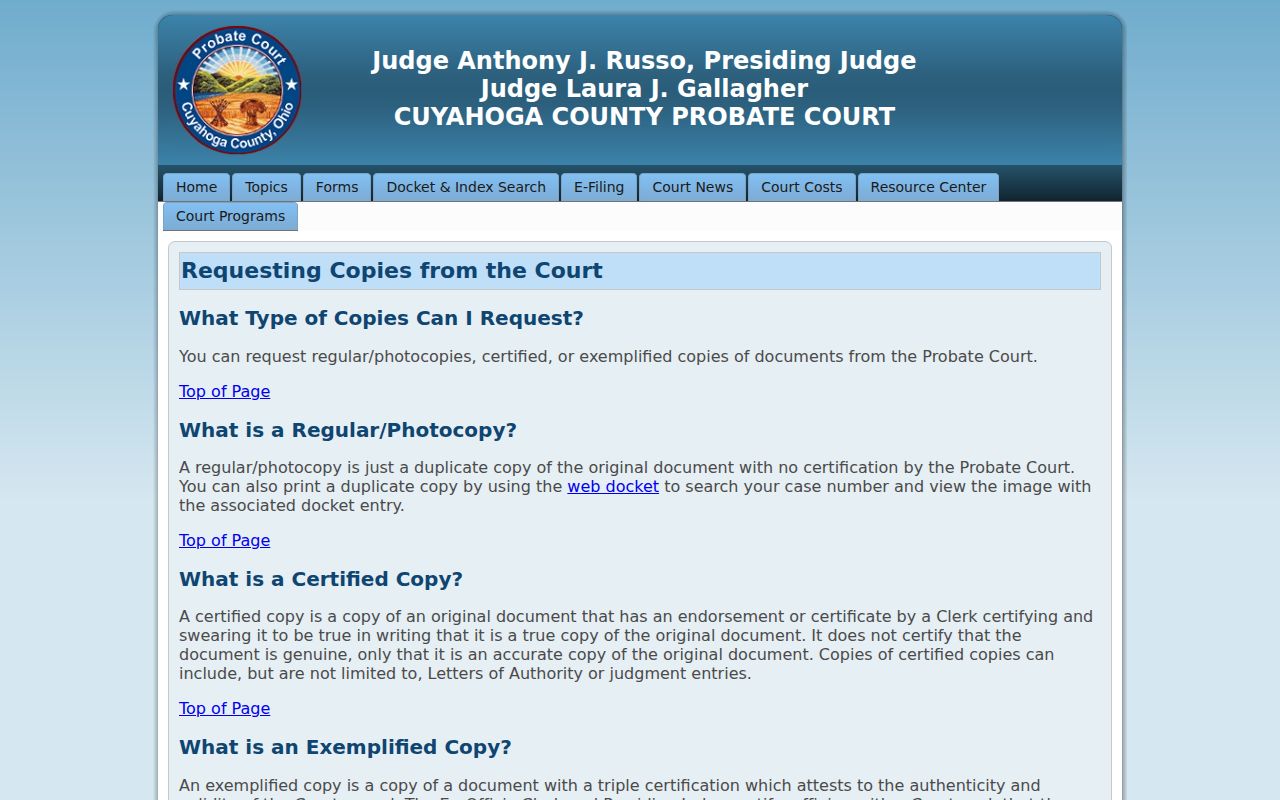 Cuyahoga County previous residents Probate Court copy requests