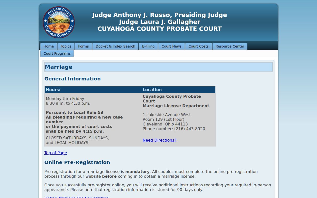 Cuyahoga County previous residents Probate Court marriage records source
