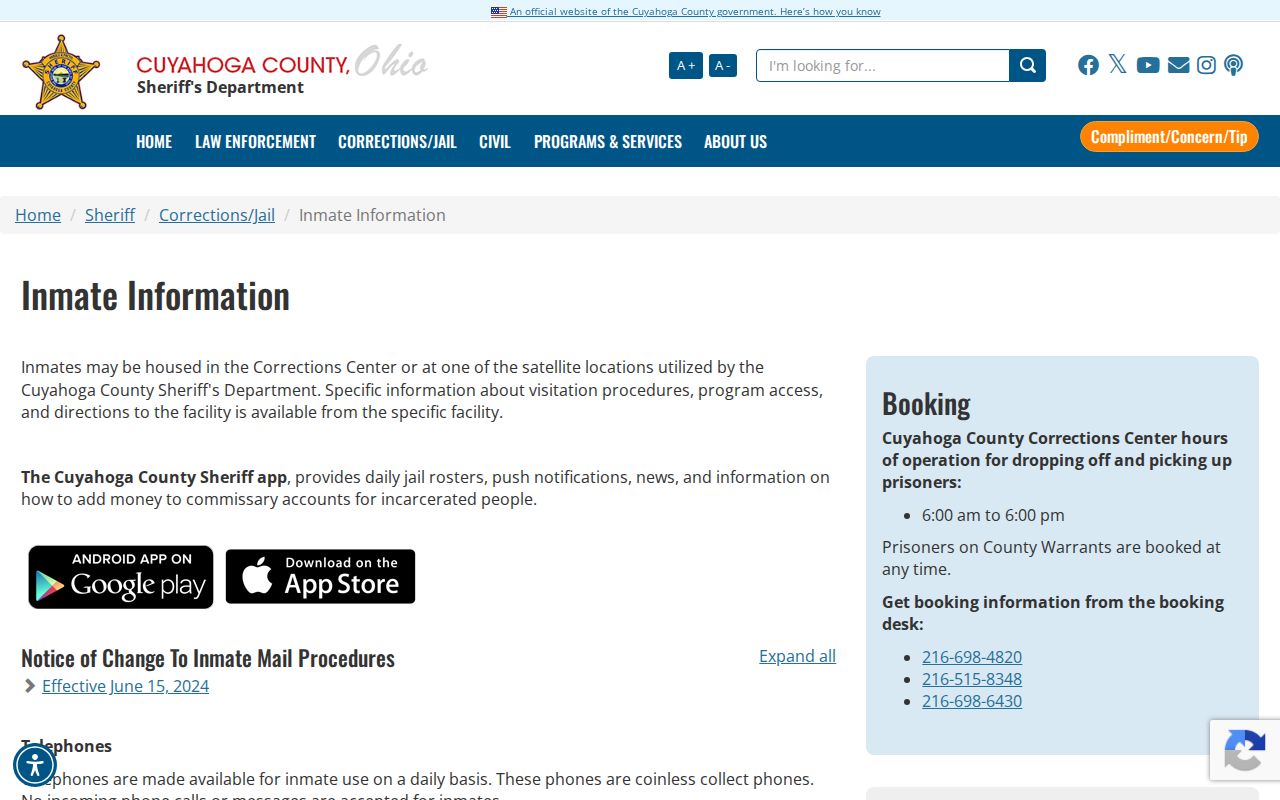 Cuyahoga County resident lookup reference for County Corrections inmate information