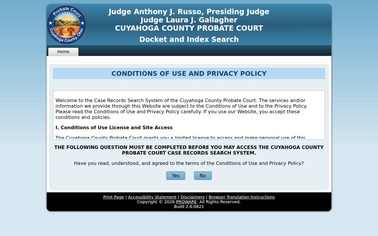 Cuyahoga County resident lookup reference for the Probate Court docket and index