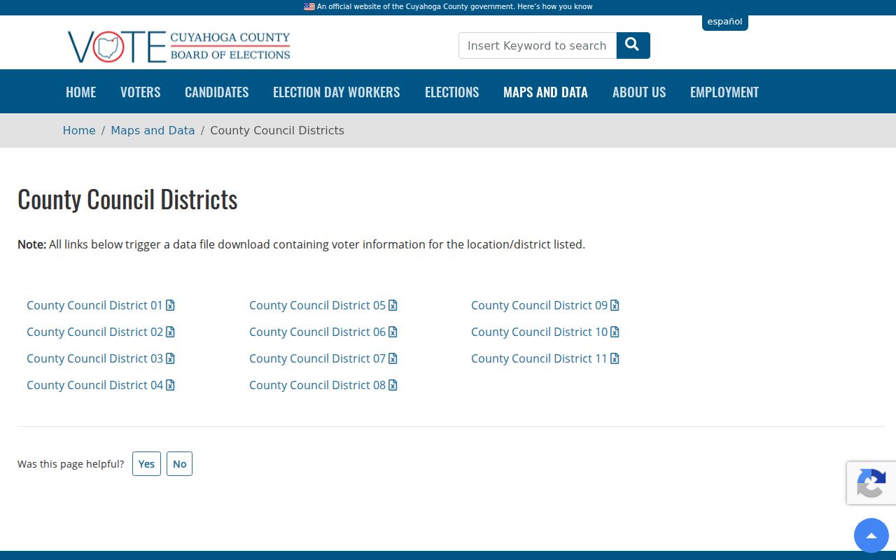 Cuyahoga County ZIP code directory civic map context from the Board of Elections
